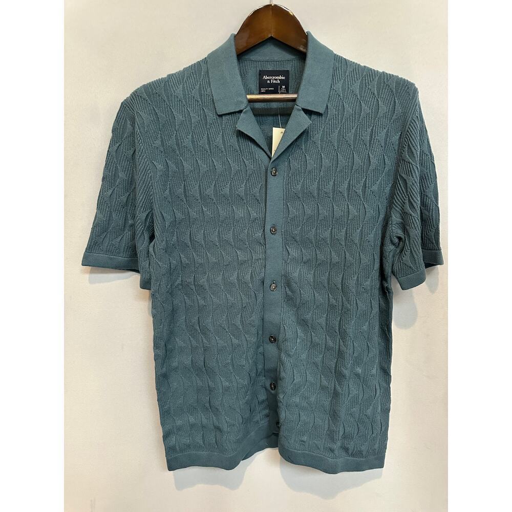 Men’s Abercrombie & Fitch Teal Cable-Knit Short-Sleeve Polo Size M